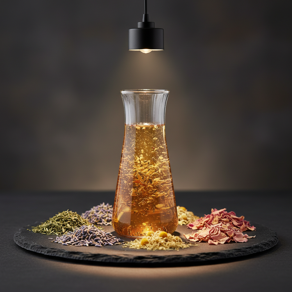 A refined glass beaker-style container partially filled with a liquid natural blend in soft amber tones, tiny suspended botanicals visible within, standing on a dark charcoal slate slab. Around it, neatly arranged dried herbs and petals form a semicircle, each pile distinct in color and texture. Focused warm pendant lighting from above creates a gentle spotlight on the beaker, with the slate surface catching subtle reflections and casting a controlled, professional shadow. The background falls into a deep, softly blurred gradient, keeping attention on the blend. Captured from a low, forward angle that gives the vessel presence and importance, the image exudes scientific precision blended with natural elegance in a sophisticated photographic style.