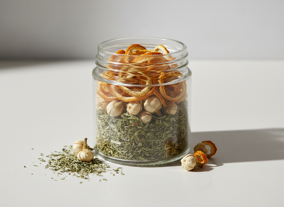 A close-up of a single bespoke natural blend in a clear cylindrical glass jar, the contents layered with finely cut herbs, whole flower buds, and citrus peels, creating intricate textures and a harmonious palette of sage green, ivory, and warm amber. The jar rests on a matte white stone surface, with a few carefully scattered ingredients around it to hint at the custom formulation. Soft studio lighting from above and slightly to the side casts gentle shadows and highlights the textures within the jar. Shot from a slightly elevated angle with a minimalist composition and ample negative space, the image feels precise, professional, and contemporary in photographic realism, ideal for showcasing premium personalization.