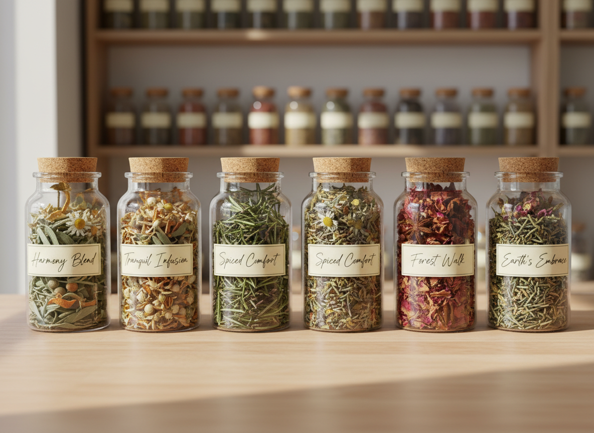 An assortment of elegant glass jars filled with personalized natural blends, each jar containing a distinct mixture of dried herbs, flower petals, and spices in earthy greens, soft creams, and muted terracottas. The jars stand neatly on a smooth light-wood counter with subtle grain, backed by a softly blurred wall of wooden shelves displaying more labeled blends. Gentle natural daylight filters in from the left, creating delicate reflections on the glass and soft shadows behind the jars. Photographed at eye level with a shallow depth of field, the front row of jars is in crisp focus while the background softly fades, conveying a professional, clean, and artisanal atmosphere in photographic realism.