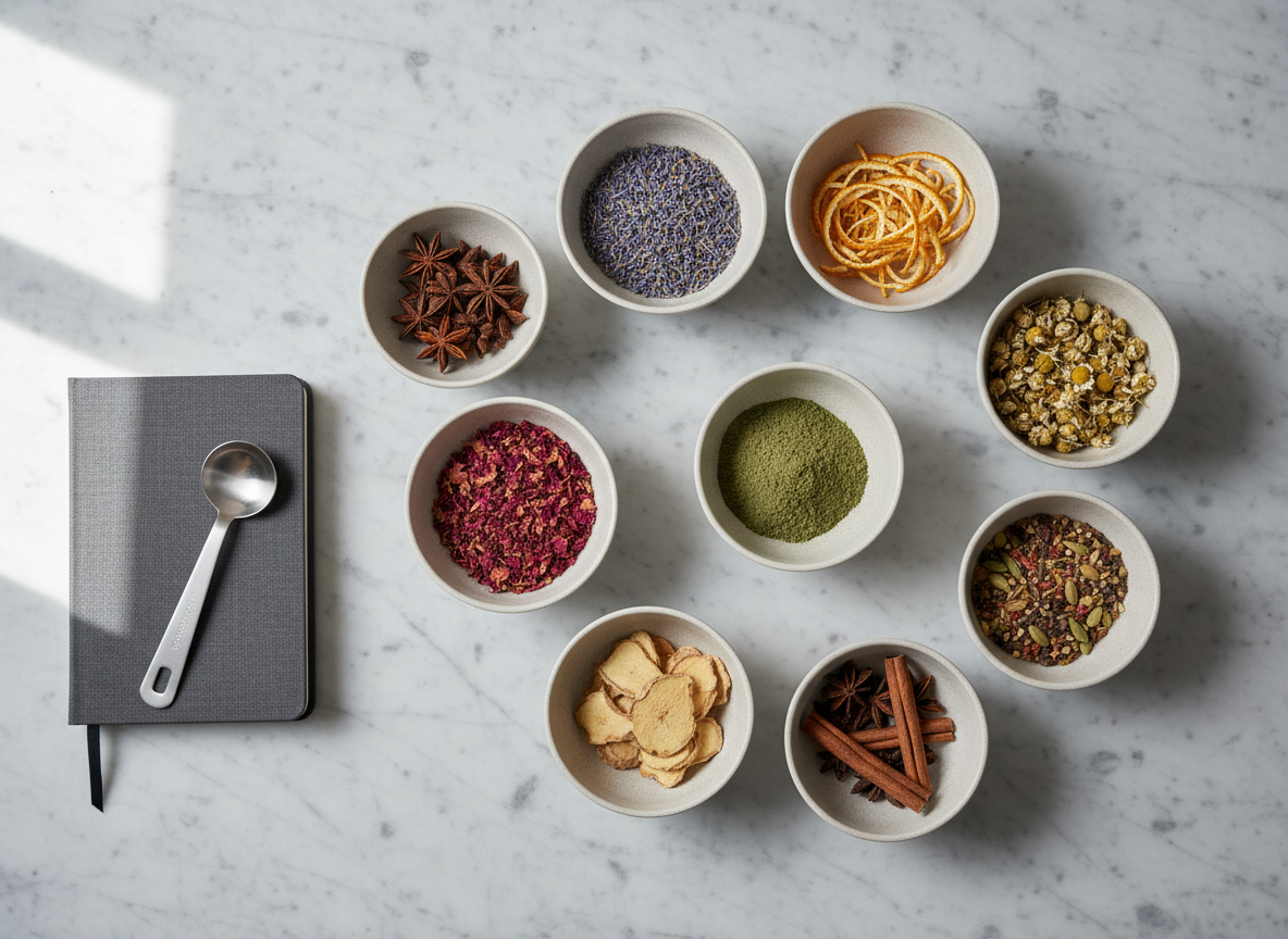 A top-down photographic view of a curated workspace where unique natural blends are created: small porcelain bowls arranged in a subtle circular pattern, each containing a different raw ingredient such as dried lavender, chamomile blossoms, citrus peel spirals, and finely milled herbs. The bowls sit on a pale stone countertop with a faint marbled pattern. Cool, diffused daylight from an unseen window creates soft, even lighting and minimal shadows, emphasizing the colors and textures of the ingredients. A sleek, closed notebook and a stainless-steel measuring spoon sit off to one side, suggesting precise formulation. The composition follows the rule of thirds, with sharp focus throughout for a clean, analytical yet organic feel in photographic realism.